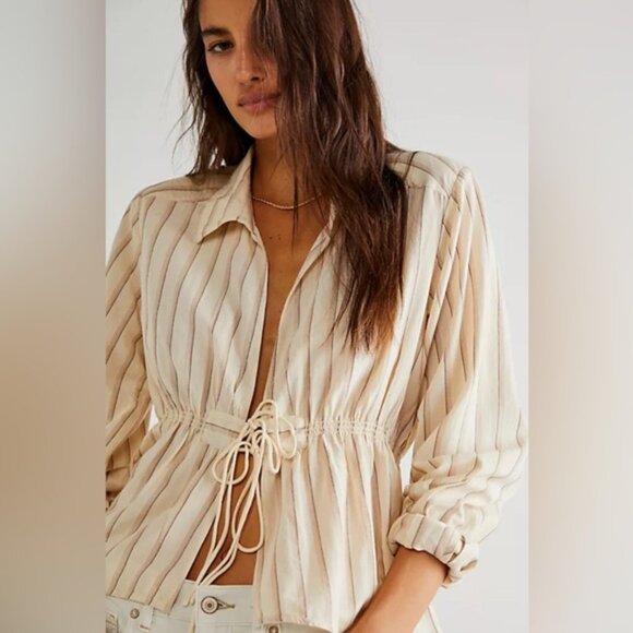 NWOT Free People Caitlin Top Beige Striped Tie Front Boho Blouse Size XS/TP - Picture 3 of 16